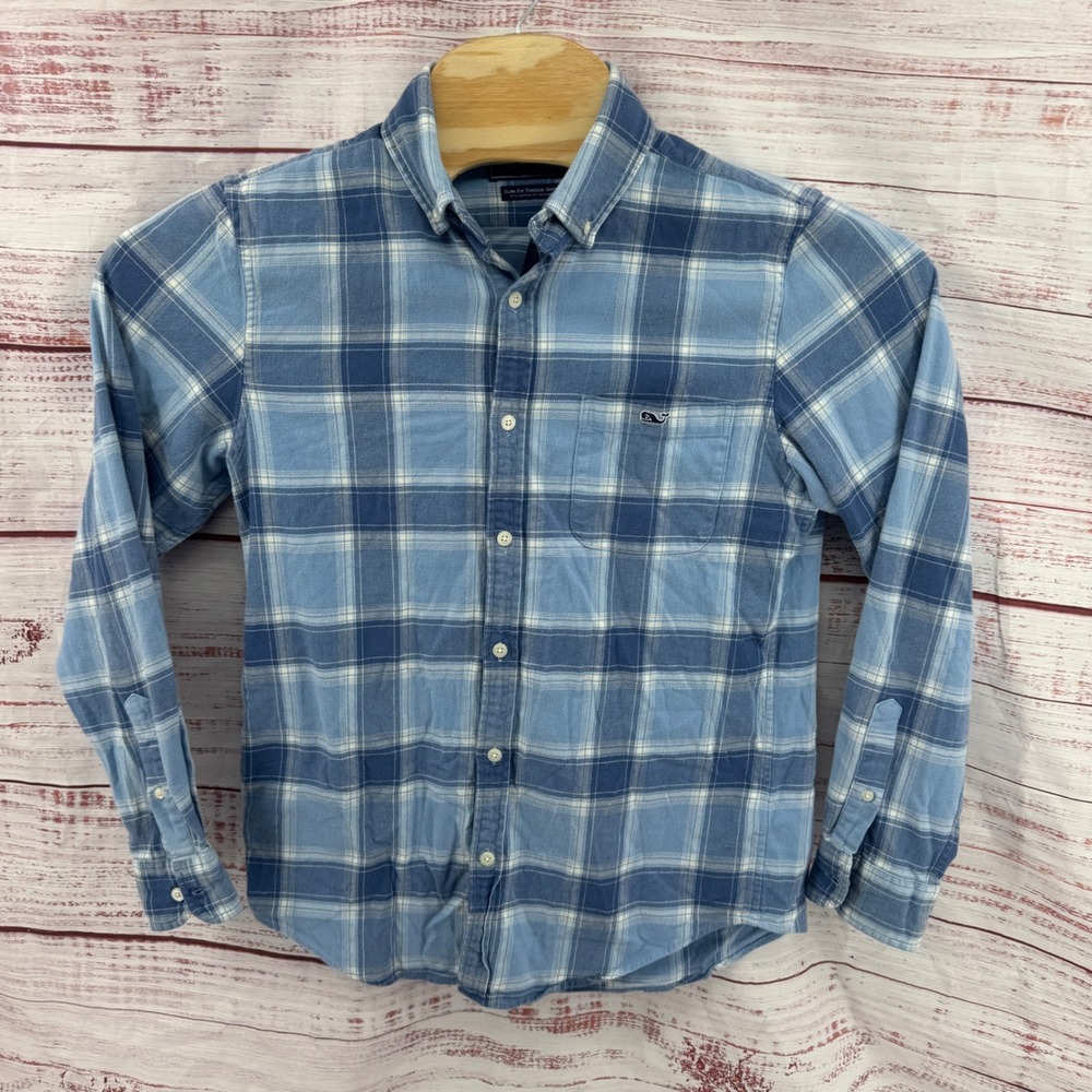 Vineyard Vines Flannel Shirt Mens Small Slim Fit Tucker Blue Plaid Button Down